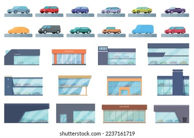 Car showroom icons set cartoon vector. Building dealer. Auto shop