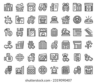 Car showroom icons set outline vector. Auto dealer. Shop garage