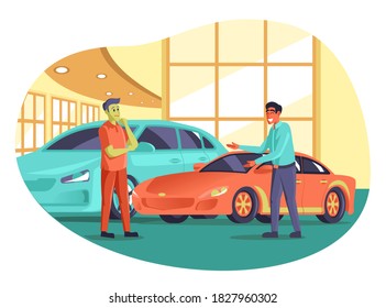 Car Showroom Illustration, a Car Dealer show Cars to Potential Customer.