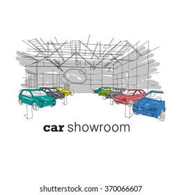 Car Showroom Interior Design Sketch. Hand Drawn Vector Illustration