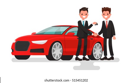Car showroom. Purchase sale or rental car. Seller man hands over the keys of the car owner. Vector illustration in a flat style