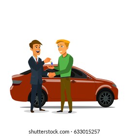 Car showroom. Purchase sale or rental car. Seller man hands over the keys of the car owner. Vector illustration in a flat style