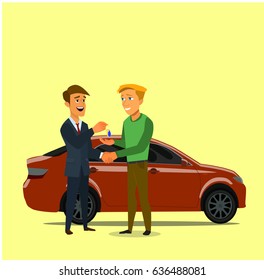 Car showroom. Purchase sale or rental car. Seller man hands over the keys of the car owner. Vector illustration in a flat style