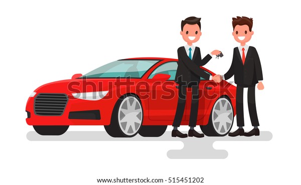 Car showroom. Purchase sale or rental car. Seller\
man hands over the keys of the car owner. Vector illustration in a\
flat style
