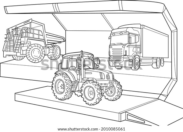 car show.Truck, mining dump truck,\
tractor.Coloring pages. Outline\
drawing