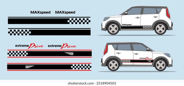 Porta do lado do carro, design de faixa de fender. Modelo de decalque de adesivo de vinil automático. Adequado para impressão ou corte.
Escala sem perda de qualidade para diferentes modelos de carro.