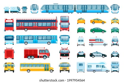Car side front back view. Urban vehicles Passenger car, taxi, police car, train. Flat city public transport from different angles Vector set. Emergency transportation service collection