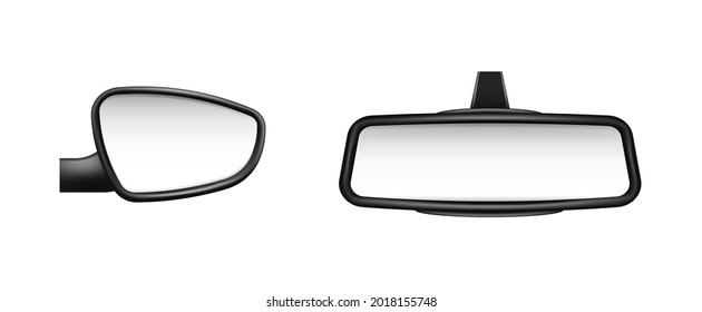 Car Side And Rear View Mirrors Template. Blank Mirrored Objects With Black Frame To View Road And Pedestrians Safety Symbol On Vector Highway.