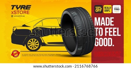 Car side silhouette on yellow background. Tire advertising banner. Grunge tire tracks backgrounds for landscape poster, digital banner, flyer, booklet, brochure and web design. Tyre texture close up.