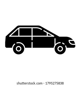 Car side view black glyph icon. Automotive vehicle. Modern transportation. Fast automobile. Drive in sedan. Delivery service. Silhouette symbol on white space. Vector isolated illustration