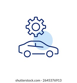 Car side view and cogwheel. Vehicle settings, car system configuration, automotive diagnostics, driving mode adjustment, maintenance control. Pixel perfect, editable stroke vector icon