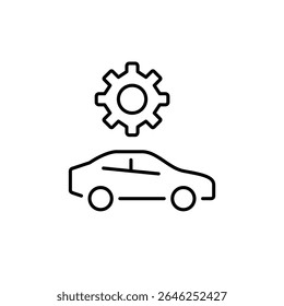 Car side view and cogwheel. Vehicle settings, car system configuration, automotive diagnostics, driving mode adjustment, maintenance control. Pixel perfect, editable stroke vector icon