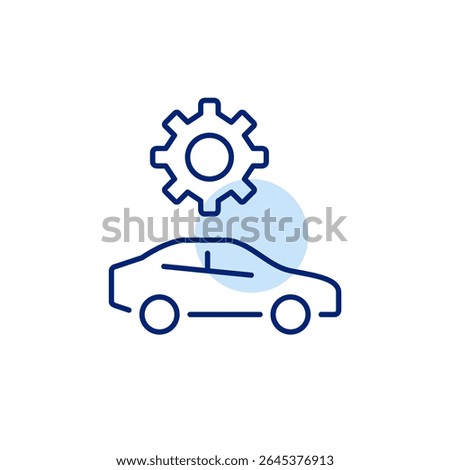 Car side view and cogwheel. Vehicle settings, car system configuration, automotive diagnostics, driving mode adjustment, maintenance control. Pixel perfect, editable stroke vector icon