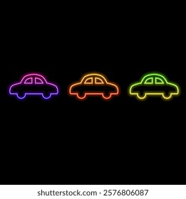 Car - side view. Glowing neon icon on brick wall background.