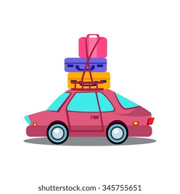 Car Side View With Heap Of Luggage, Flat Vector Illustration