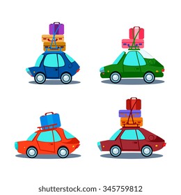 Car Side View With Heap Of Luggage, Flat Vector Illustration