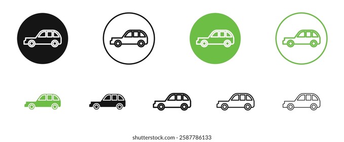 Car side view icons in black and green colors collection