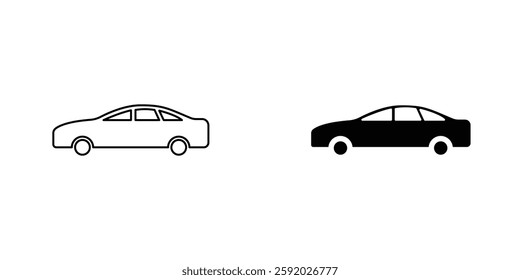 Car side view icons. stroke line and black solid icons