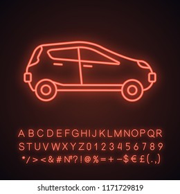 Car side view neon light icon. Automobile. Glowing sign with alphabet, numbers and symbols. Vector isolated illustration