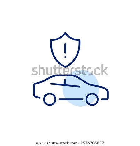 Car side view and security shield with exclamation mark. Maintenance reminder, critical vehicle alert. Pixel perfect, editable stroke icon