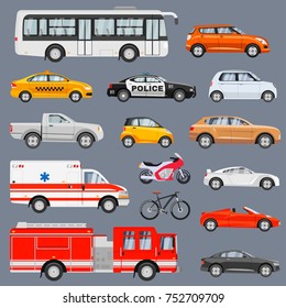 Car side view set. Vehicles driving in the city, coupes, sedans, sports cars, bus, taxi, emergency service transport. Vector flat style cartoon illustration isolated on gray background