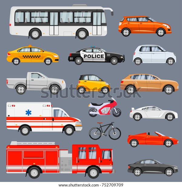 車の側面図セット 市内を走る車 クーペ セダン スポーツカー バス タクシー 緊急便の輸送車 グレイの背景にベクターフラットスタイルの漫画イラスト のベクター画像素材 ロイヤリティフリー