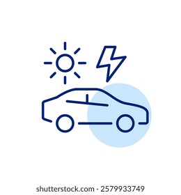 Car side view, sun and lightning. Solar energy run vehicles. Renewable fuel, green living. Pixel perfect, editable stroke icon