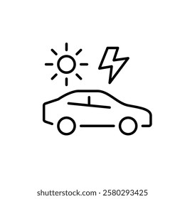 Car side view, sun and lightning. Solar energy run vehicles. Renewable fuel, green living. Pixel perfect vector icon