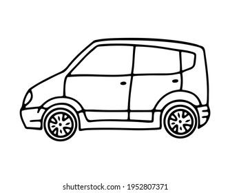 Coche, vista lateral. Concepto de imagen de transporte. Dibujado en estilo doodle con contorno negro sobre un fondo blanco. Ilustración vectorial.