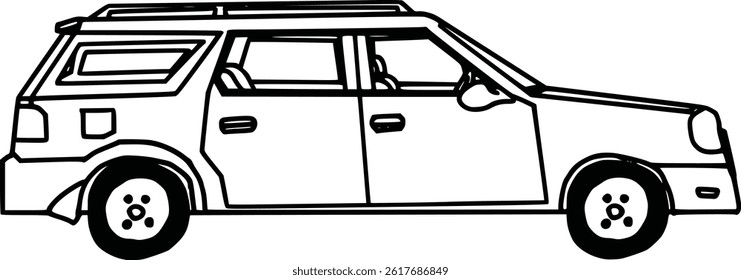Car Side View Vector Illustration – Black and White Line Art of SUV or Hatchback Vehicle