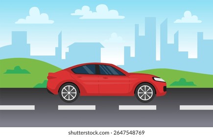 car side view vector illustration flat style sedan sport car with a city highway and hills in the background