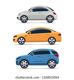 Car side view vector set. Silver mini, yellow sedan and blue hatchback auto. Isolated on white background. Colorful flat style illustration.