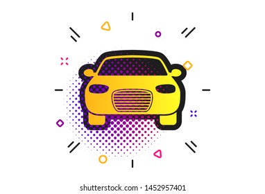 Car sign icon. Halftone dots pattern. Delivery transport symbol. Classic flat car icon. Vector