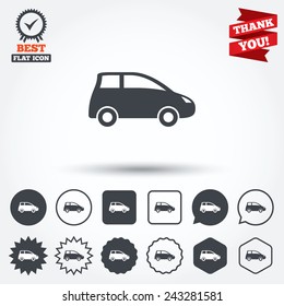Car sign icon. Hatchback symbol. Transport. Circle, star, speech bubble and square buttons. Award medal with check mark. Thank you ribbon. Vector