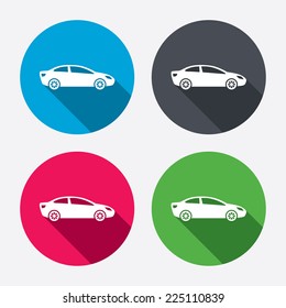 Car sign icon. Sedan saloon symbol. Transport. Circle buttons with long shadow. 4 icons set. Vector