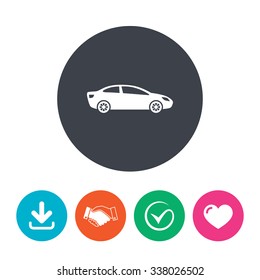 Car sign icon. Sedan saloon symbol. Transport. Download arrow, handshake, tick and heart. Flat circle buttons.