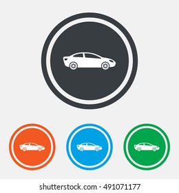 Car sign icon. Sedan saloon symbol. Transport. Graphic design web element. Flat car symbol on the round button. Vector