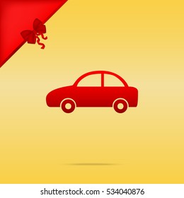 Car sign illustration. Christmas design red icon on gold background.