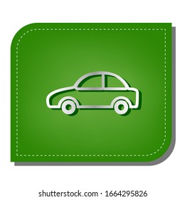 Car sign illustration. Silver gradient line icon with dark green shadow at ecological patched green leaf. Illustration.