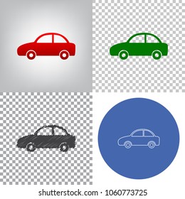 Car sign illustration. Vector. 4 styles. Red gradient in radial lighted background, green flat and gray scribble icons on transparent and linear one in blue circle.