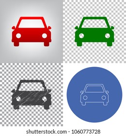 Car sign illustration. Vector. 4 styles. Red gradient in radial lighted background, green flat and gray scribble icons on transparent and linear one in blue circle.