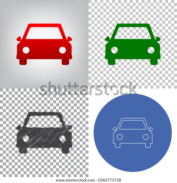 Car sign illustration. Vector.\
4 styles. Red gradient in radial lighted background, green flat and\
gray scribble icons on transparent and linear one in blue\
circle.