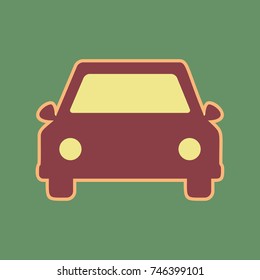 Car sign illustration. Vector. Cordovan icon and mellow apricot halo with light khaki filled space at russian green background.