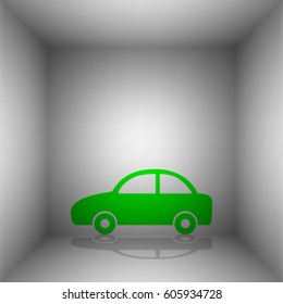 Car sign illustration. Vector. Green icon with shadow in the room.