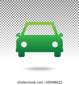 Car sign illustration. Vector. Green gradient icon with shadow at bottom on transparent and white background.