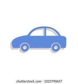 Car sign illustration. Vector. Neon blue icon with cyclamen polka dots pattern with light gray shadow on white background. Isolated.