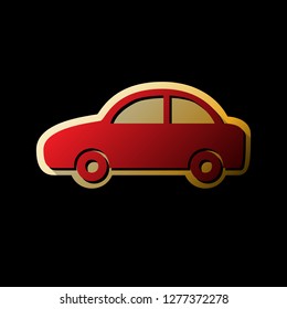 Car sign illustration. Vector. Red icon with small black and limitless shadows at golden sticker on black background.