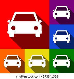 Car sign illustration. Vector. Set of icons with flat shadows at red, orange, yellow, green, blue and violet background.