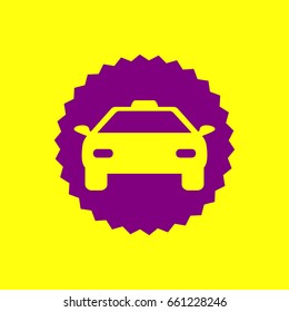 Car sign illustration. Vector. Violet label with hole as icon on yellow background.