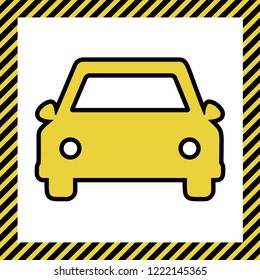 Car sign illustration. Vector. Warm yellow icon with black contour in frame named as under construction at white background. Isolated.